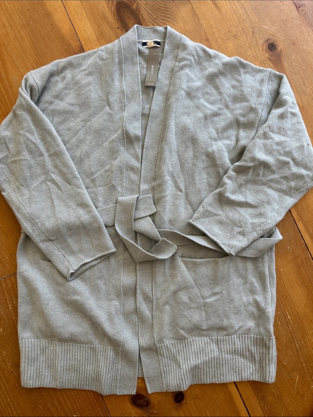 Women’s J. Crew Cashmere Open-Front Gray Cardigan with Self-Tie Belt